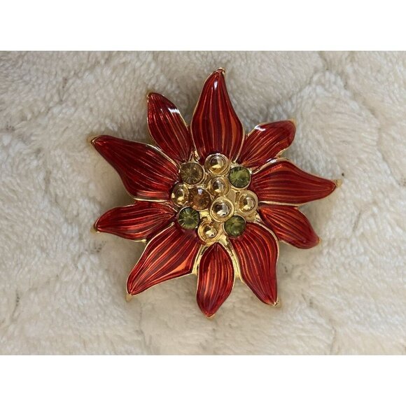 Christopher Radko Jewelry - Poinsettia Christmas Holiday Brooch Christopher Radko Jeweled Enamel Pin Vtg